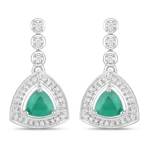 1.39 Carat Genuine Colombian Emerald and White Diamond 14K White Gold Earrings