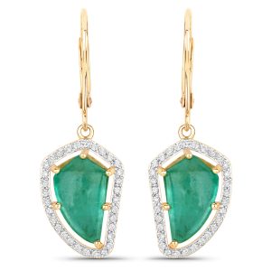 7.56 Carat Genuine Colombian Emerald and White Diamond 14K Yellow Gold Earrings
