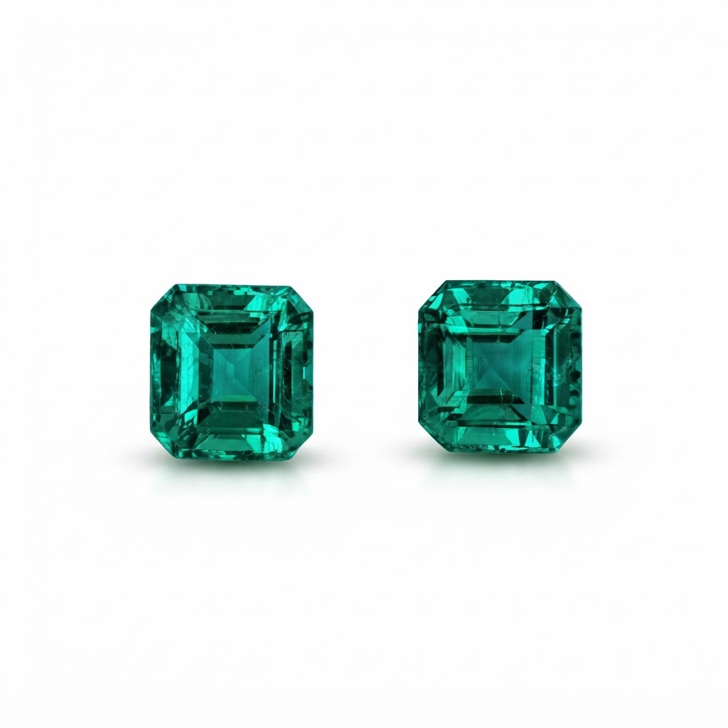 A matched pair of loose square emerald-cut emeralds